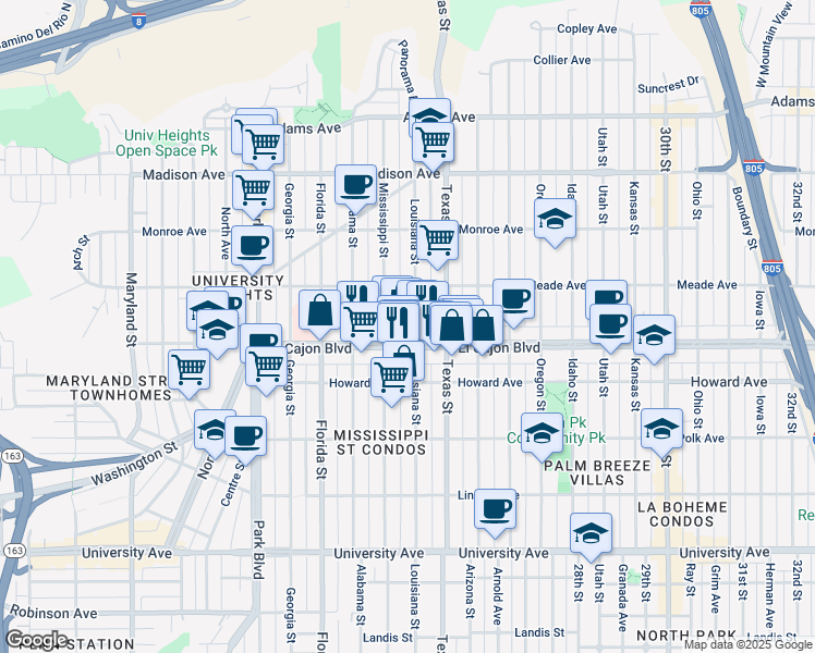map of restaurants, bars, coffee shops, grocery stores, and more near 2200 El Cajon Boulevard in San Diego