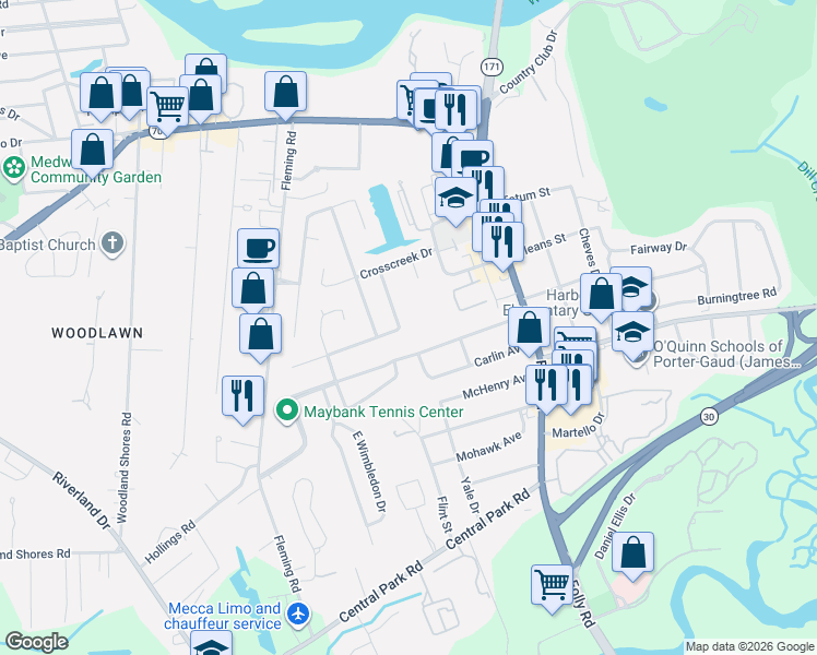 map of restaurants, bars, coffee shops, grocery stores, and more near 1766 Houghton Drive in Charleston