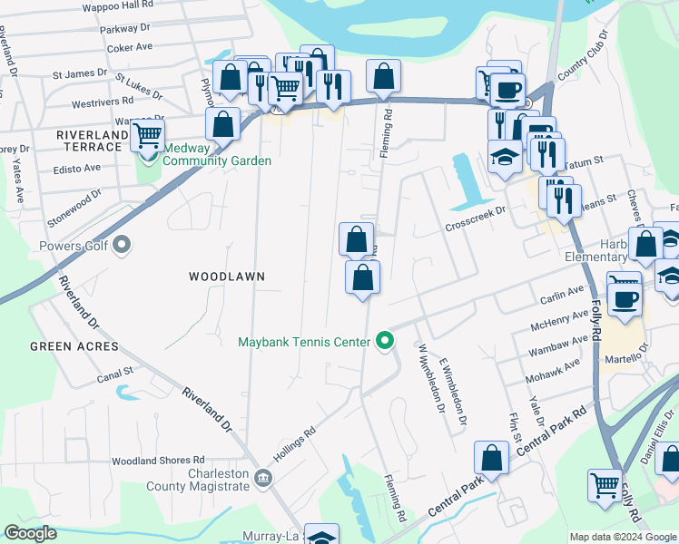 map of restaurants, bars, coffee shops, grocery stores, and more near 416 Howle Avenue in Charleston
