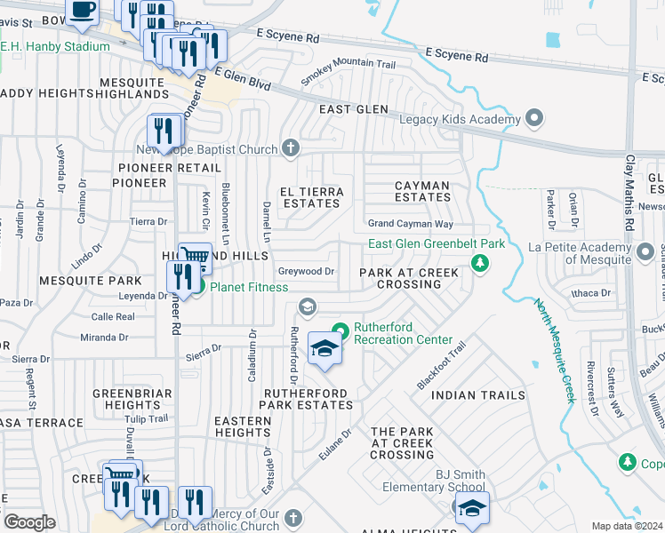 map of restaurants, bars, coffee shops, grocery stores, and more near 1630 Greywood Drive in Mesquite