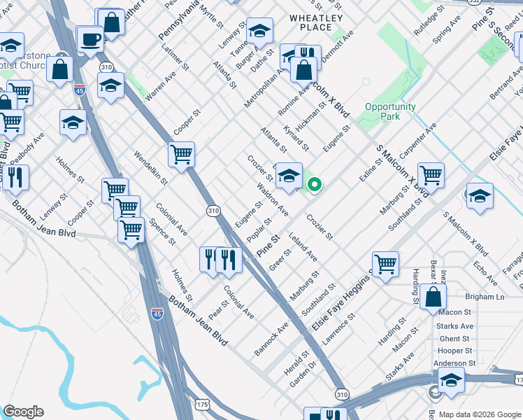 map of restaurants, bars, coffee shops, grocery stores, and more near 2311 Poplar Street in Dallas