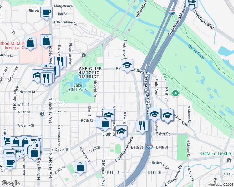 map of restaurants, bars, coffee shops, grocery stores, and more near 615 North Lancaster Avenue in Dallas
