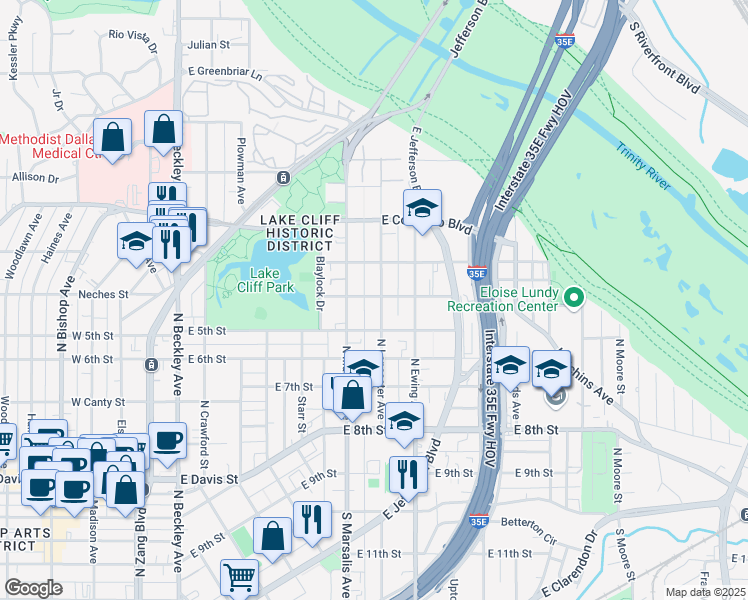map of restaurants, bars, coffee shops, grocery stores, and more near 615 North Lancaster Avenue in Dallas