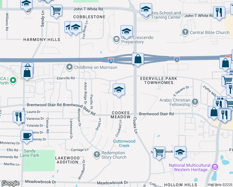 map of restaurants, bars, coffee shops, grocery stores, and more near 1704 Rock View Court in Fort Worth