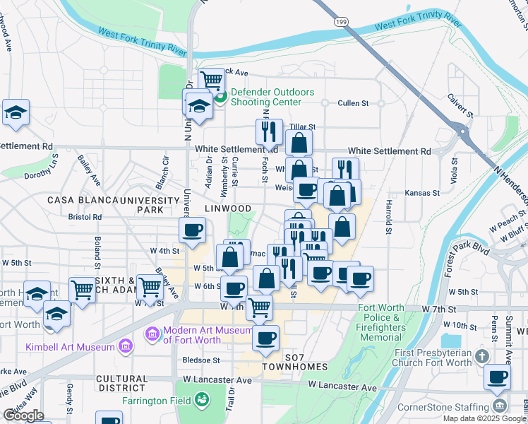 map of restaurants, bars, coffee shops, grocery stores, and more near 2720 Azalea Avenue in Fort Worth