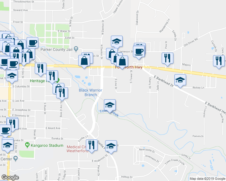 map of restaurants, bars, coffee shops, grocery stores, and more near 1018 East Columbia Street in Weatherford