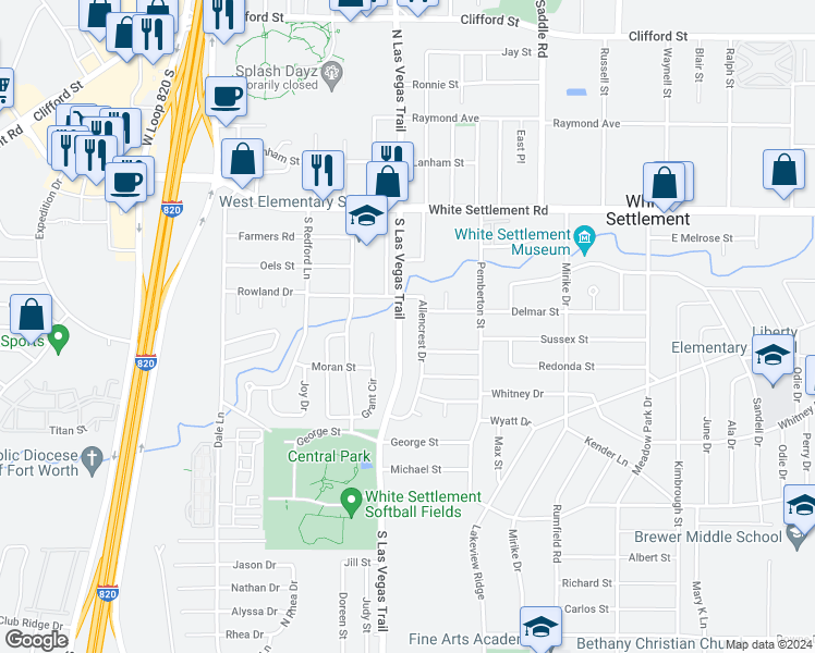 map of restaurants, bars, coffee shops, grocery stores, and more near 415 South Las Vegas Trail in White Settlement