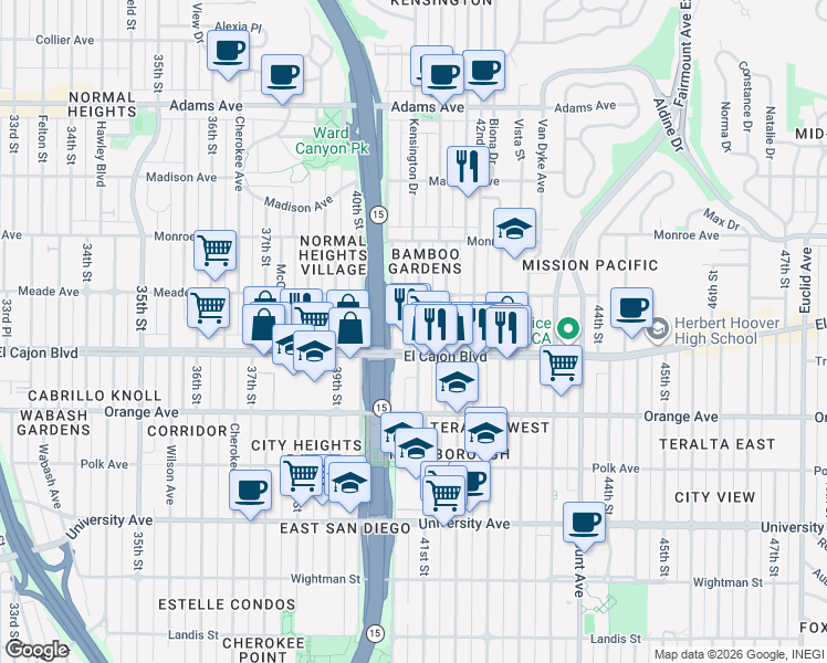 map of restaurants, bars, coffee shops, grocery stores, and more near 4334 41st Street in San Diego