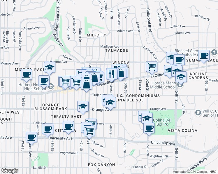 map of restaurants, bars, coffee shops, grocery stores, and more near 4352 49th Street in San Diego