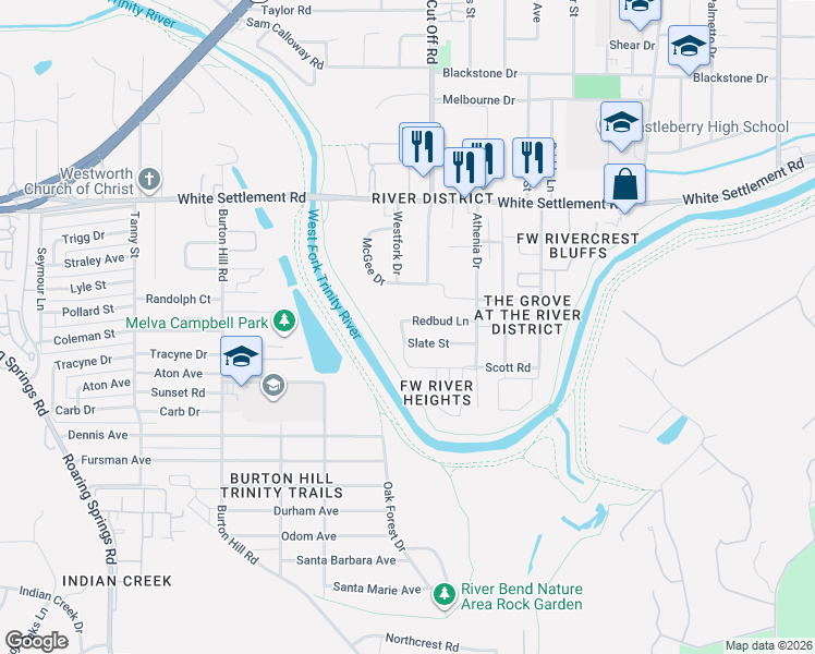 map of restaurants, bars, coffee shops, grocery stores, and more near 5317 Redbud Lane in Fort Worth