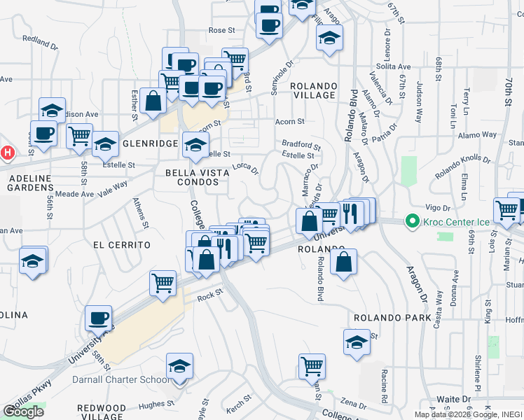 map of restaurants, bars, coffee shops, grocery stores, and more near 6236 Tarragona Drive in San Diego
