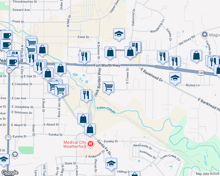 map of restaurants, bars, coffee shops, grocery stores, and more near 1018 East Columbia Street in Weatherford