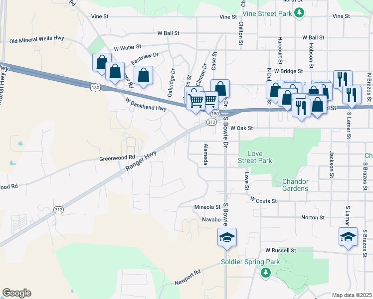 map of restaurants, bars, coffee shops, grocery stores, and more near 212 Ridgeway Boulevard in Weatherford