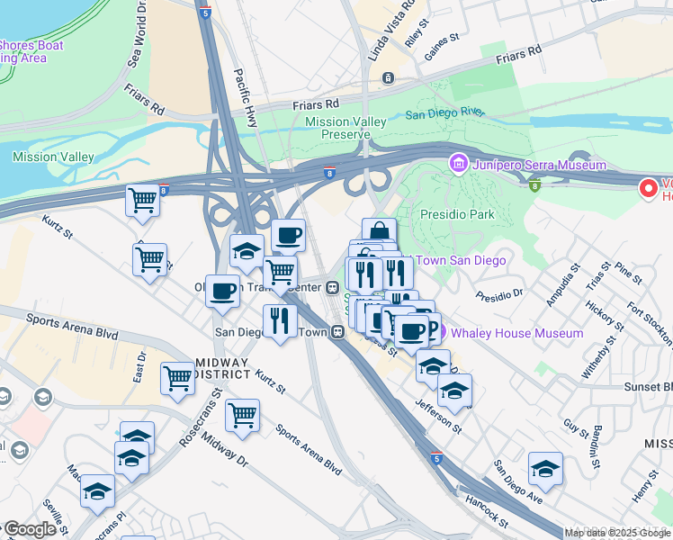 map of restaurants, bars, coffee shops, grocery stores, and more near 4050 Taylor Street in San Diego