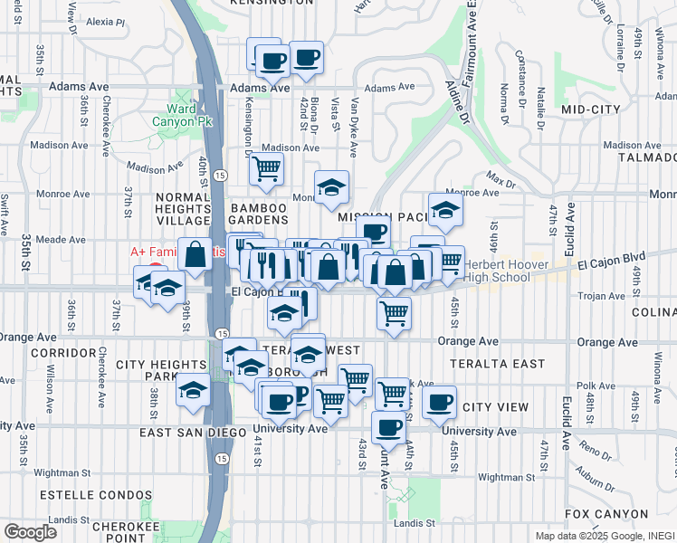 map of restaurants, bars, coffee shops, grocery stores, and more near 4334 Van Dyke Avenue in San Diego