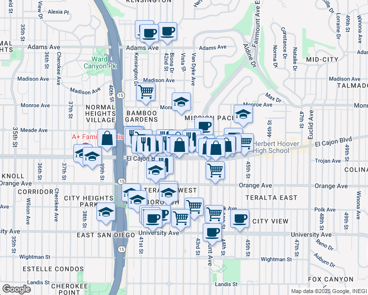 map of restaurants, bars, coffee shops, grocery stores, and more near 4340 Van Dyke Avenue in San Diego