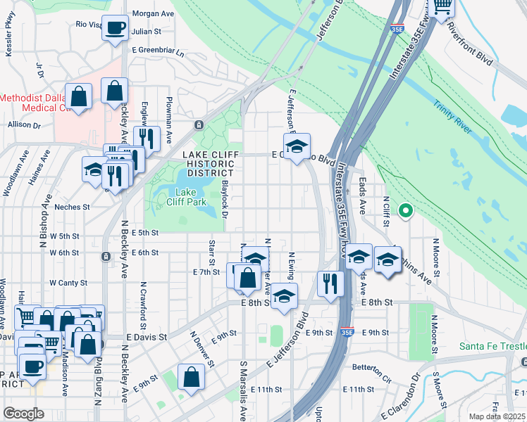 map of restaurants, bars, coffee shops, grocery stores, and more near 615 North Lancaster Avenue in Dallas
