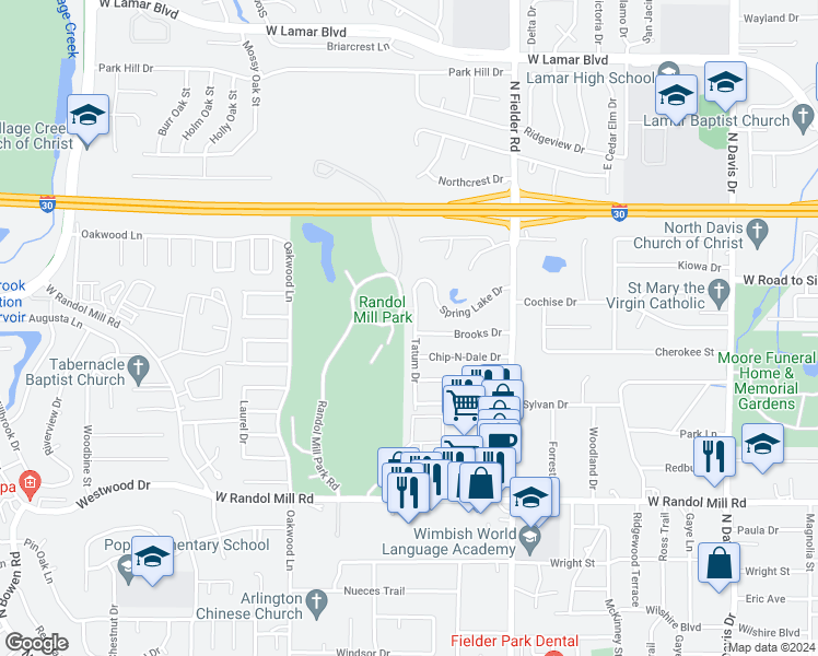 map of restaurants, bars, coffee shops, grocery stores, and more near 1500 Tatum Drive in Arlington
