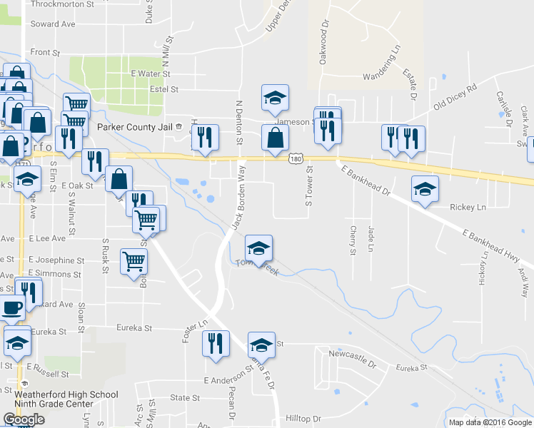 map of restaurants, bars, coffee shops, grocery stores, and more near 1018 East Columbia Street in Weatherford
