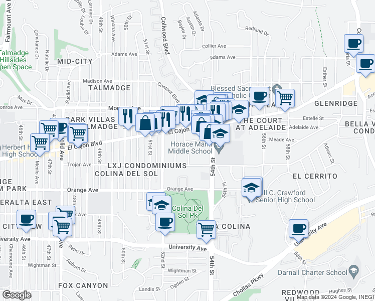 map of restaurants, bars, coffee shops, grocery stores, and more near 4321 53rd Street in San Diego