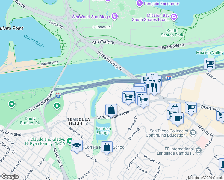 map of restaurants, bars, coffee shops, grocery stores, and more near 4352 Loma Riviera Court in San Diego