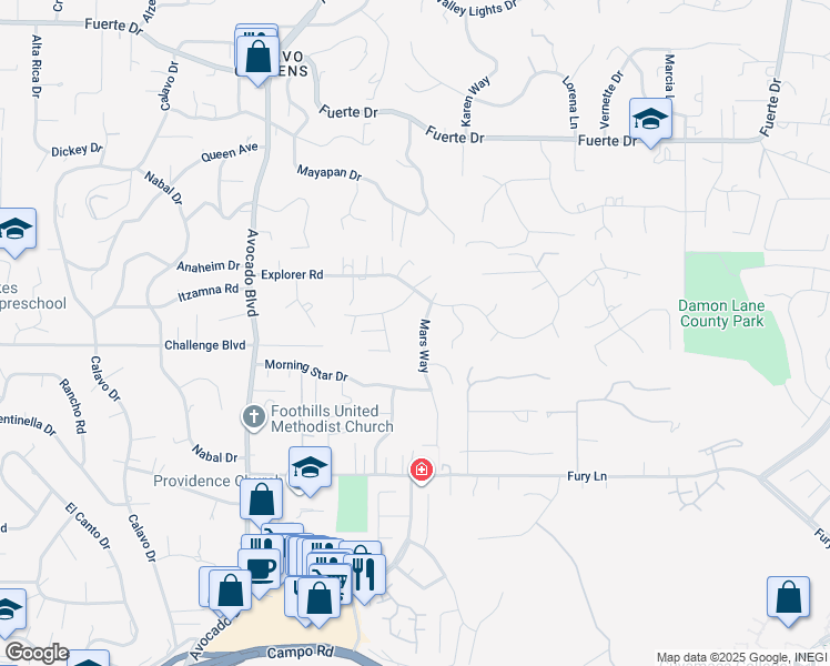 map of restaurants, bars, coffee shops, grocery stores, and more near 4218 Mars Way in La Mesa