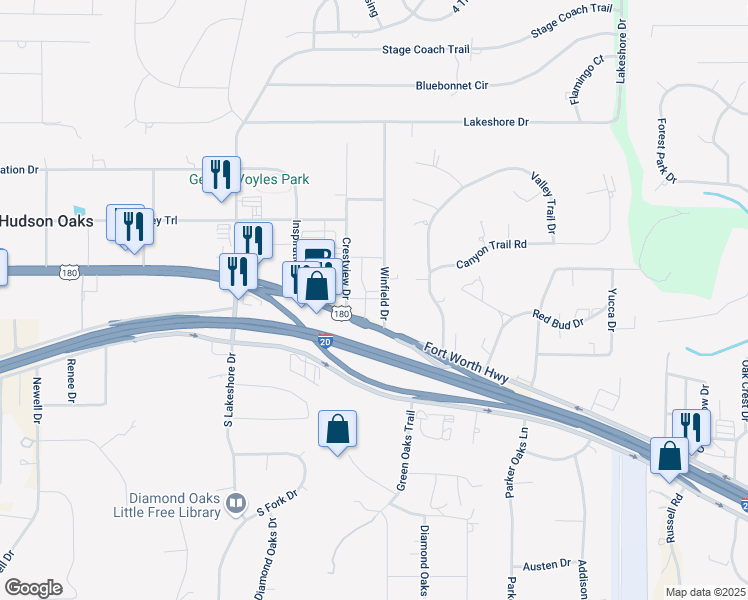 map of restaurants, bars, coffee shops, grocery stores, and more near 3425 Fort Worth Highway in Hudson Oaks