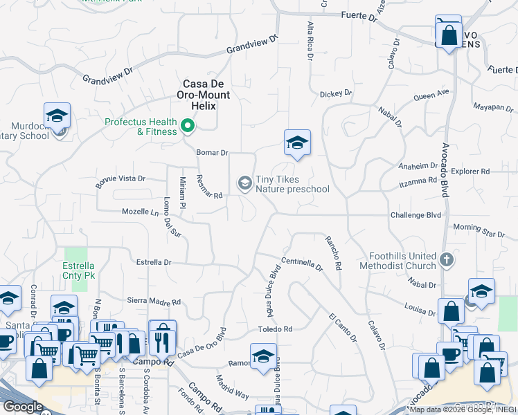 map of restaurants, bars, coffee shops, grocery stores, and more near 4275 Crestview Drive in La Mesa
