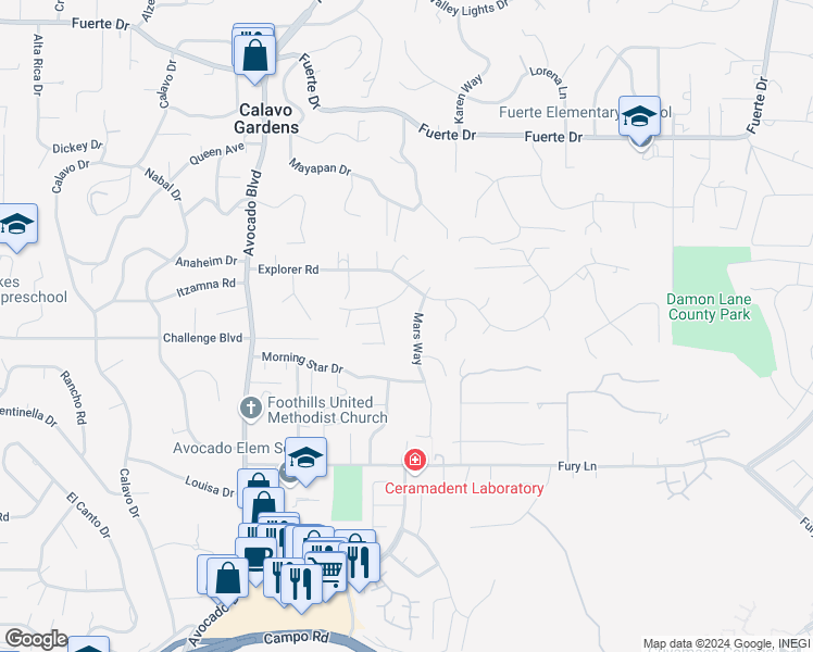map of restaurants, bars, coffee shops, grocery stores, and more near 4218 Mars Way in La Mesa