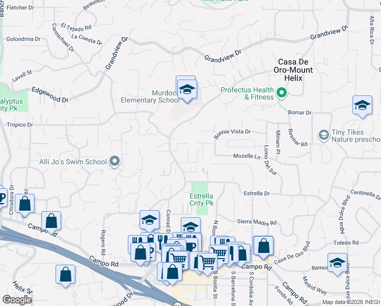map of restaurants, bars, coffee shops, grocery stores, and more near 4171 Conrad Drive in Spring Valley