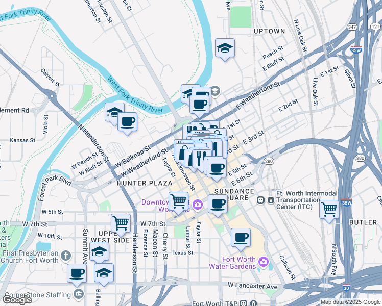 map of restaurants, bars, coffee shops, grocery stores, and more near 200 Main Street in Fort Worth