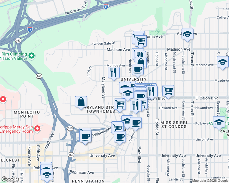 map of restaurants, bars, coffee shops, grocery stores, and more near 1440 Van Buren Avenue in San Diego