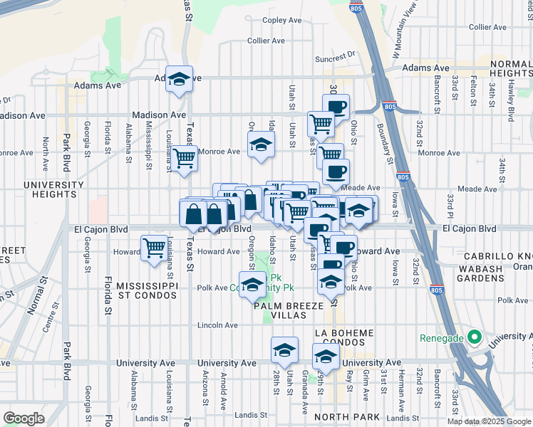 map of restaurants, bars, coffee shops, grocery stores, and more near 4330 Idaho Street in San Diego