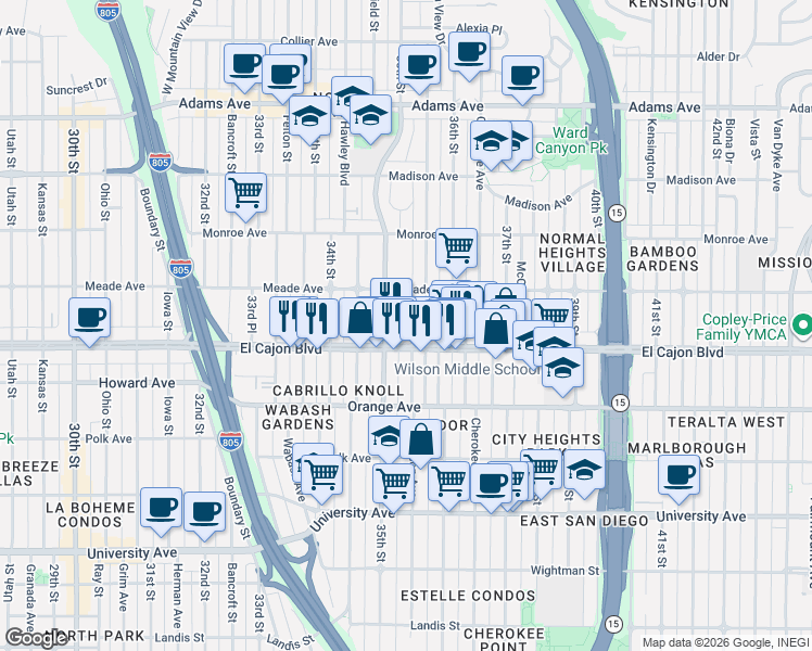 map of restaurants, bars, coffee shops, grocery stores, and more near 4332 Wilson Avenue in San Diego