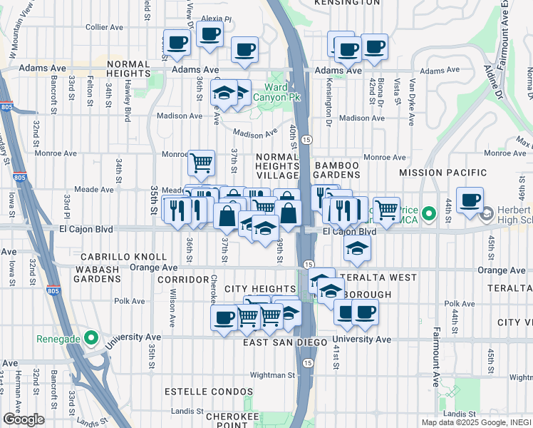 map of restaurants, bars, coffee shops, grocery stores, and more near in San Diego