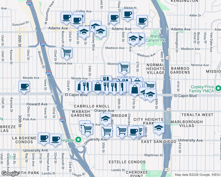 map of restaurants, bars, coffee shops, grocery stores, and more near 4332 Wilson Avenue in San Diego