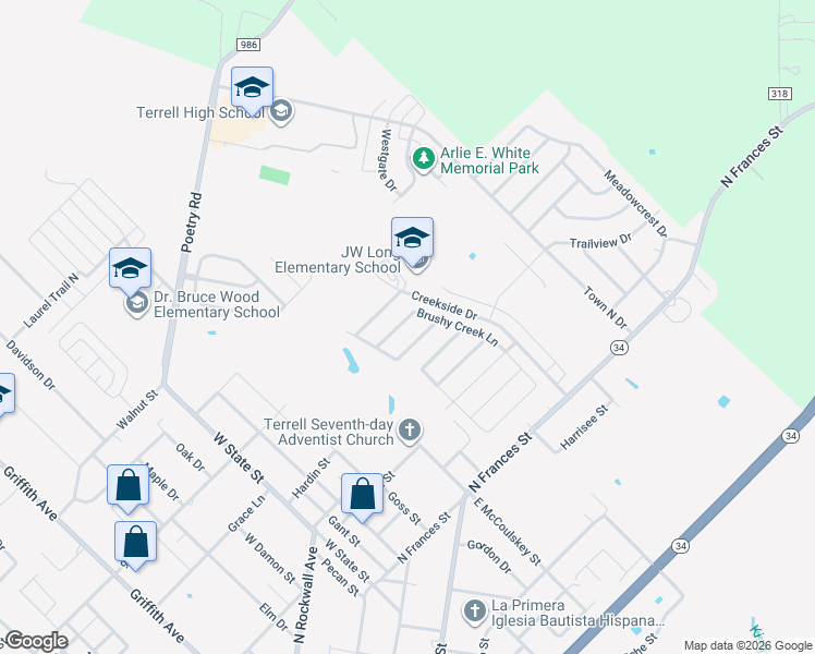 map of restaurants, bars, coffee shops, grocery stores, and more near 111 Shady Creek Lane in Terrell