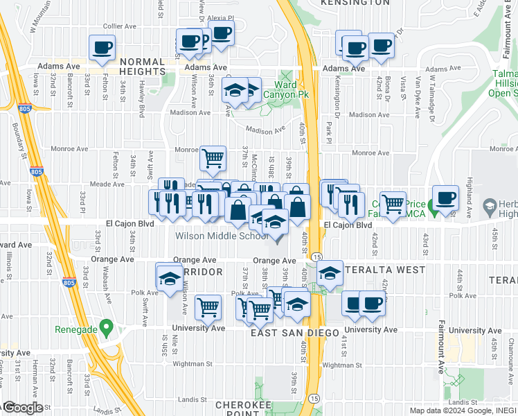 map of restaurants, bars, coffee shops, grocery stores, and more near 4335 McClintock Street in San Diego