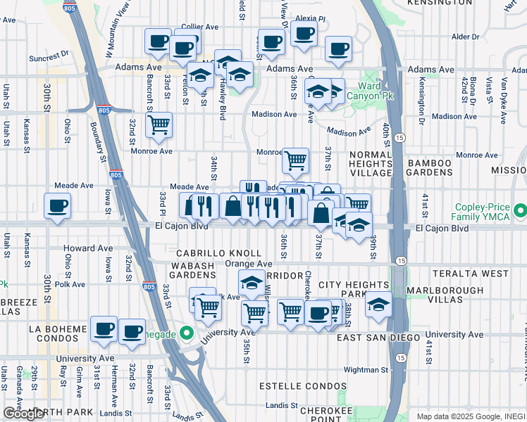 map of restaurants, bars, coffee shops, grocery stores, and more near 3540 El Cajon Boulevard in San Diego
