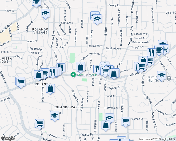 map of restaurants, bars, coffee shops, grocery stores, and more near 6808 University Avenue in San Diego