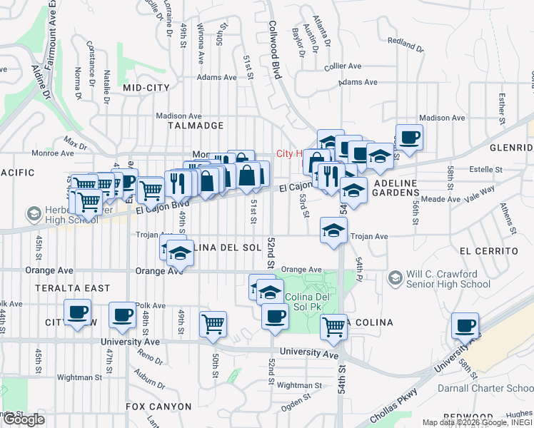 map of restaurants, bars, coffee shops, grocery stores, and more near 4322 52nd Street in San Diego