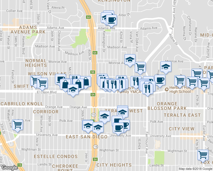 map of restaurants, bars, coffee shops, grocery stores, and more near 4144 El Cajon Boulevard in San Diego