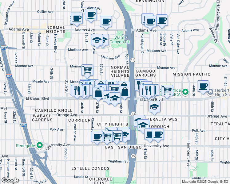 map of restaurants, bars, coffee shops, grocery stores, and more near in San Diego