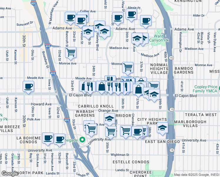 map of restaurants, bars, coffee shops, grocery stores, and more near 3540 El Cajon Boulevard in San Diego