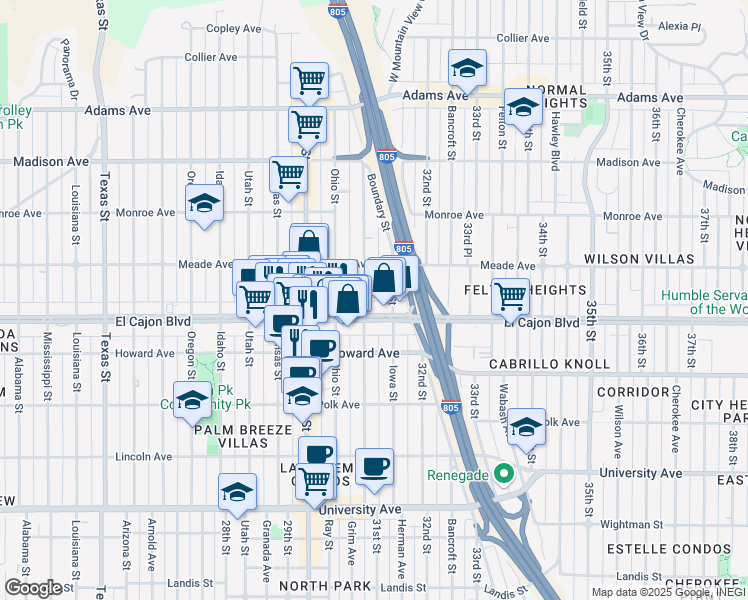 map of restaurants, bars, coffee shops, grocery stores, and more near 3104 El Cajon Boulevard in San Diego