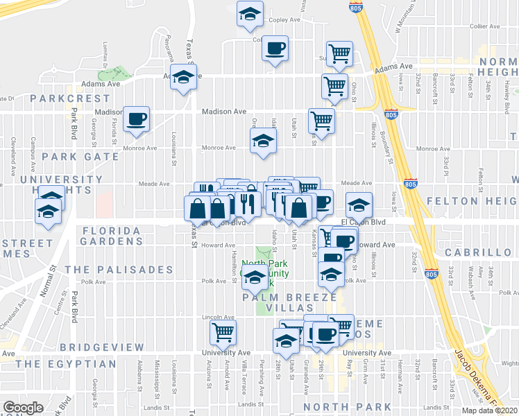 map of restaurants, bars, coffee shops, grocery stores, and more near 2724a El Cajon Boulevard in San Diego