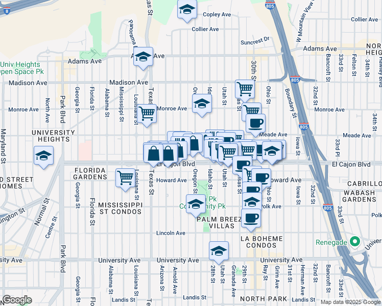 map of restaurants, bars, coffee shops, grocery stores, and more near in San Diego