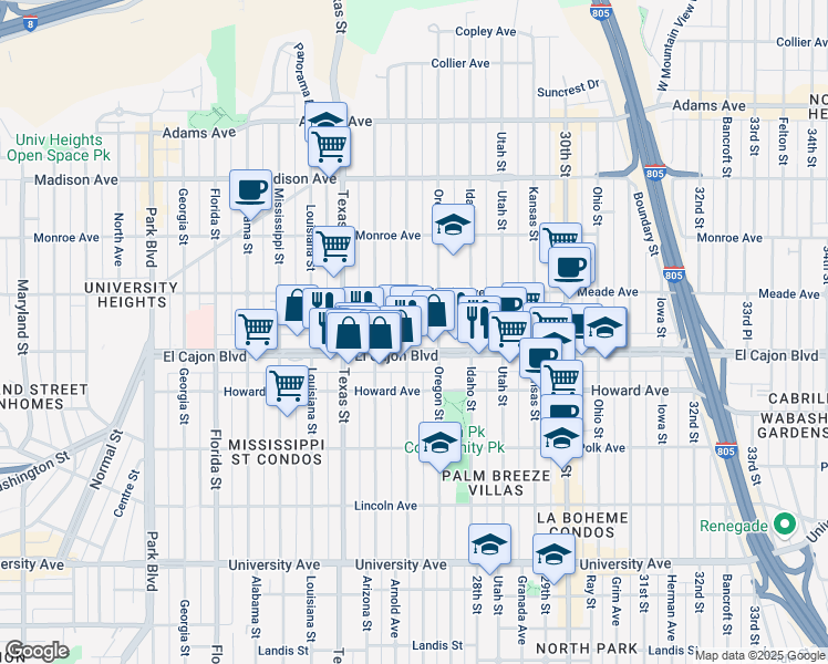 map of restaurants, bars, coffee shops, grocery stores, and more near 2550 El Cajon Boulevard in San Diego