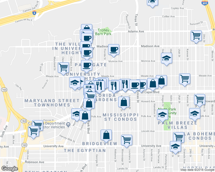 map of restaurants, bars, coffee shops, grocery stores, and more near 4316 Alabama Street in San Diego