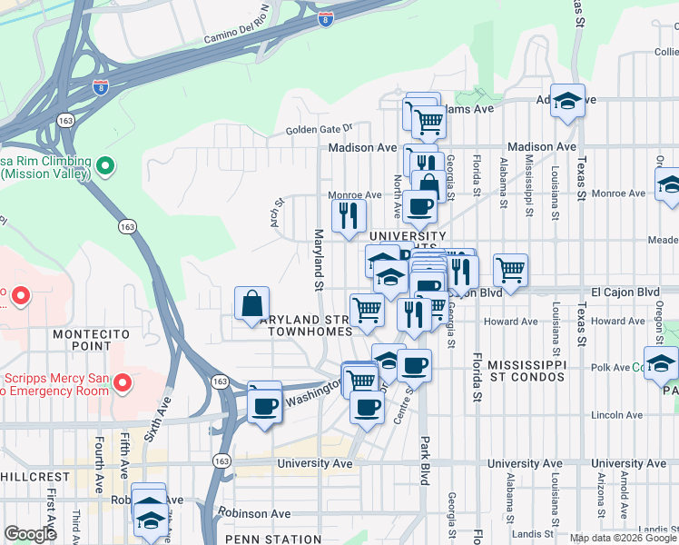 map of restaurants, bars, coffee shops, grocery stores, and more near 1440 Van Buren Avenue in San Diego